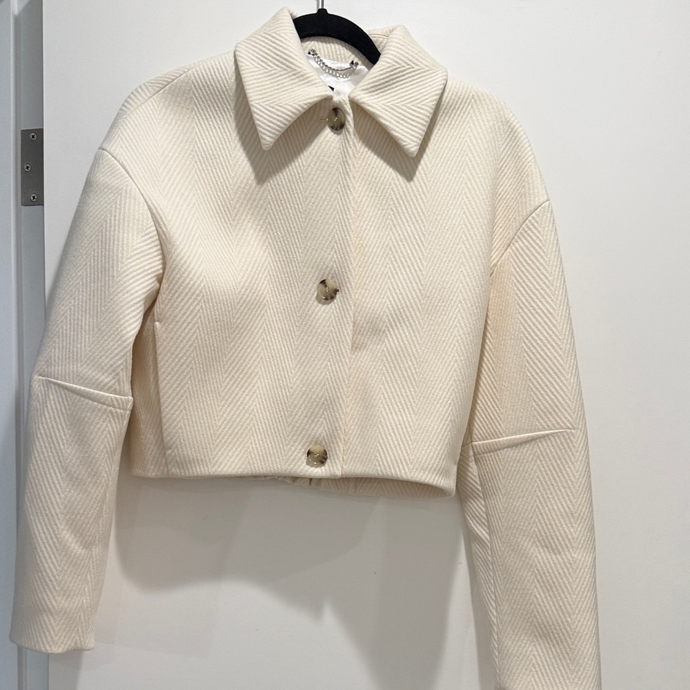 BOSS Cream Cropped Herringbone Wool-Blend Jacket